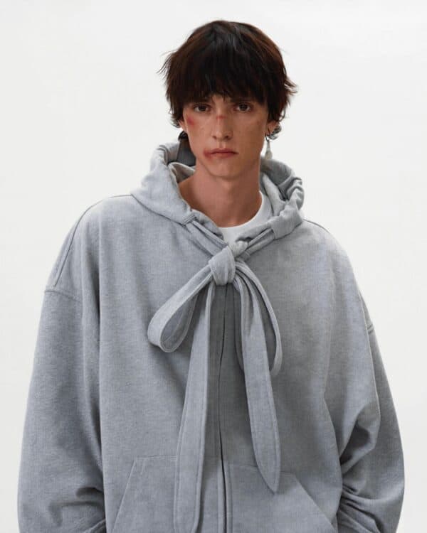 Unisex grey hoodie with tie-front hood from Revivo Avenue.
