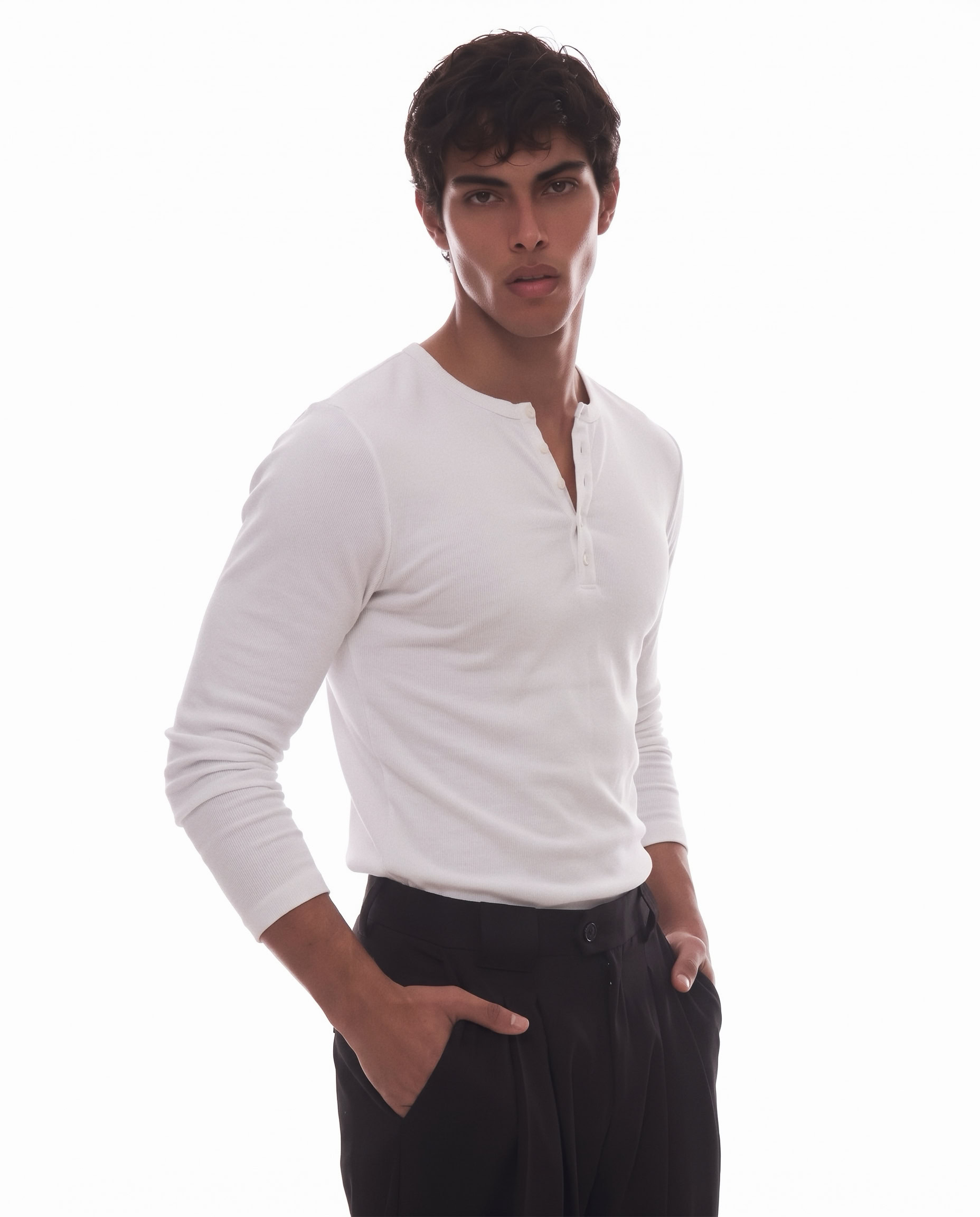 Unisex white henley shirt from Revivo Avenue, Parisian menswear brand.