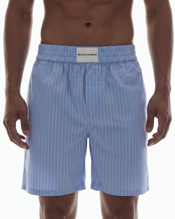 Light blue striped men's shorts for casual summer wear.