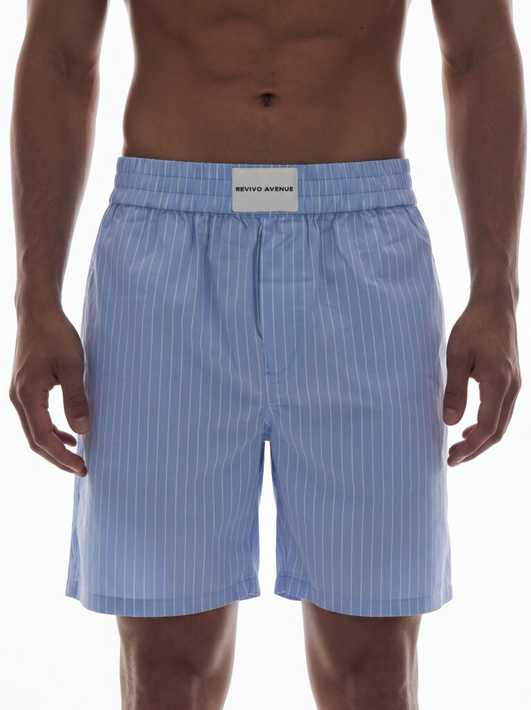 Light blue striped men's shorts for casual summer wear.