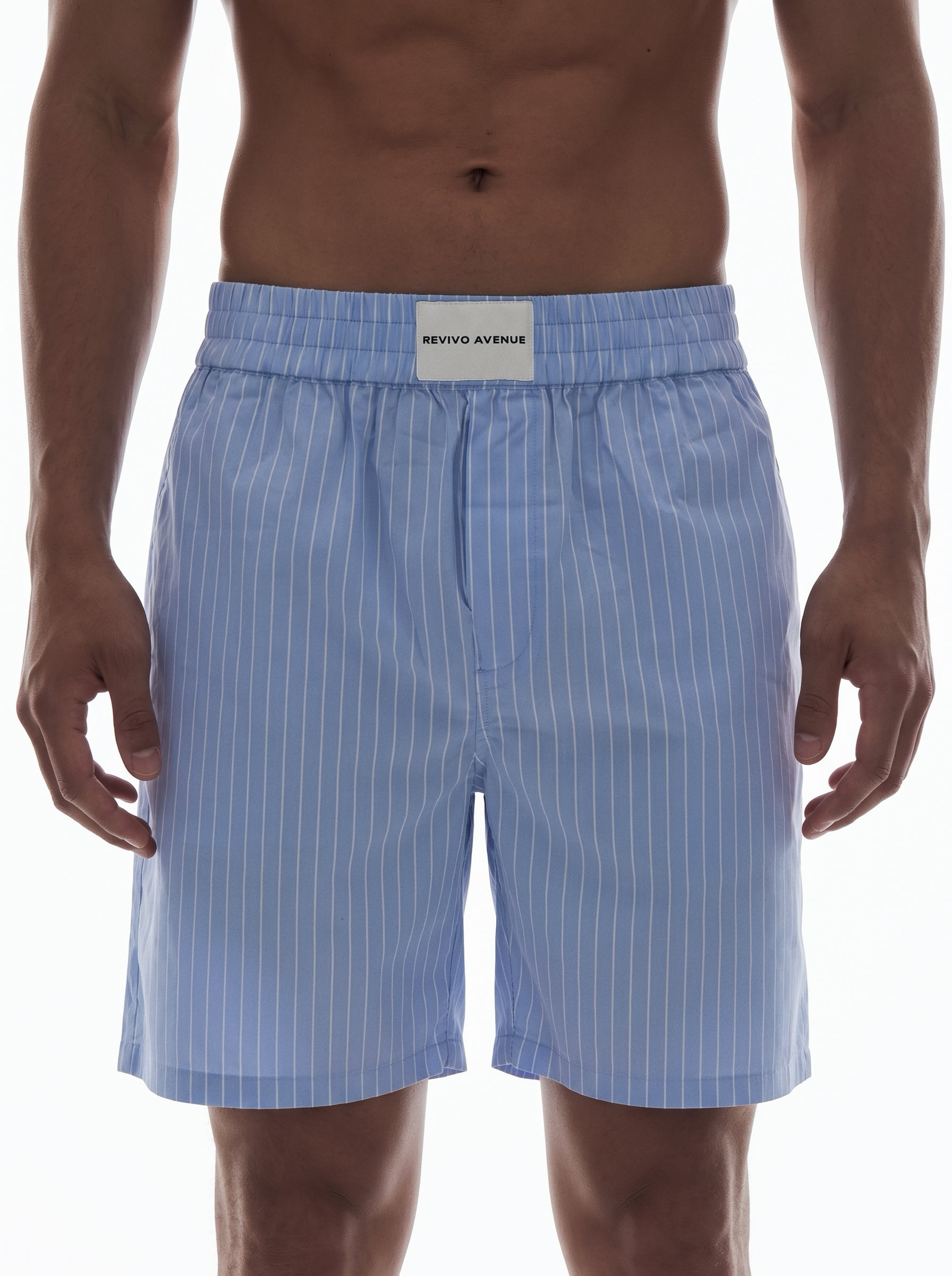 Light blue striped men's shorts for casual summer wear.