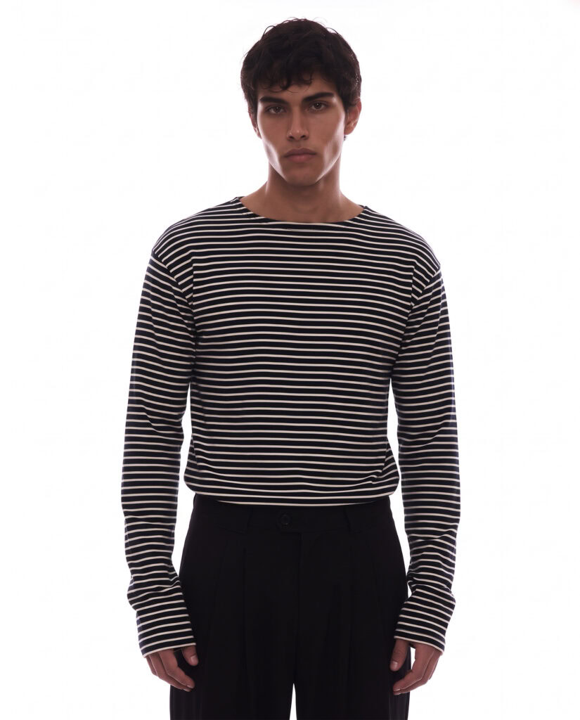 Unisex striped top by Revivo Avenue, Parisian menswear brand, in black and white.